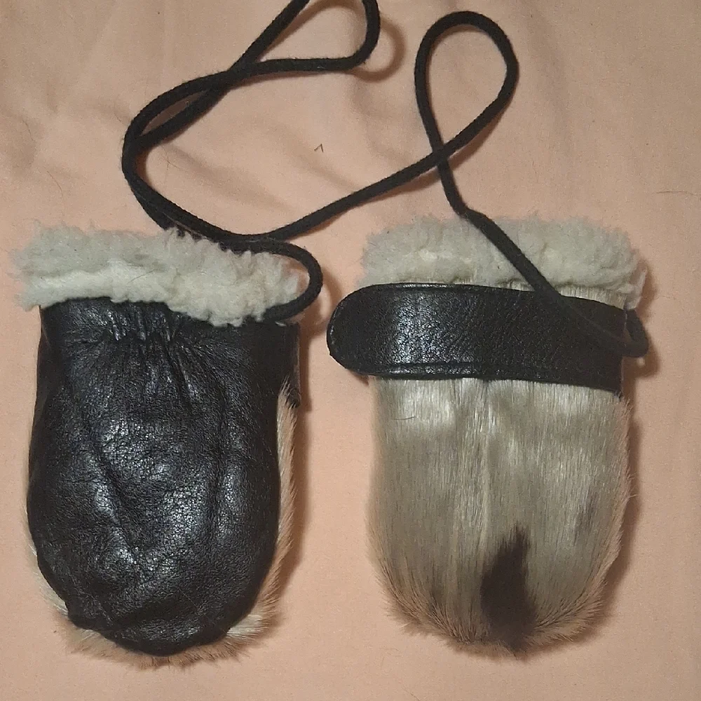 Faux Fur Hand Muffs with Leather Trim and Tie Strap - Beige